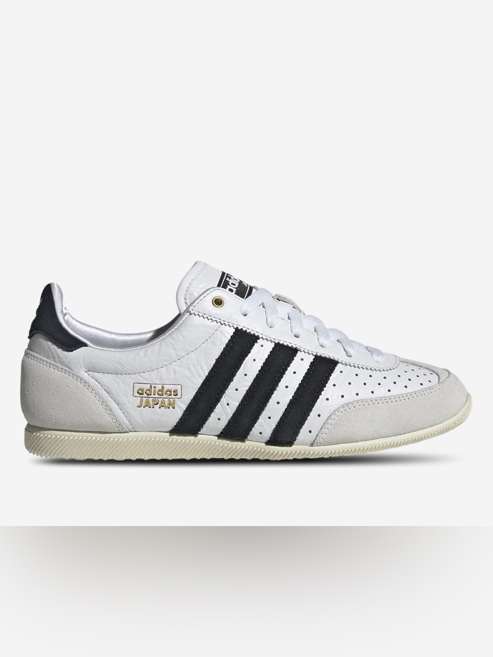 adidas Japan Sneaker in White with Black Stripes and Gold Accents